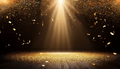 Wall Mural - golden light rays. golden confetti rain on festive stage with light beam in the middle, empty room at night .