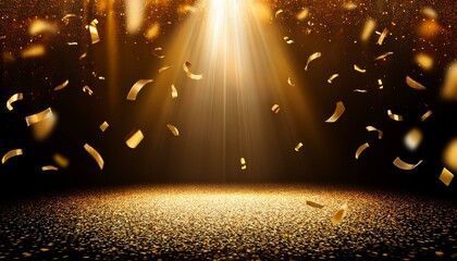 Wall Mural - golden light rays. golden confetti rain on festive stage with light beam in the middle, empty room at night .