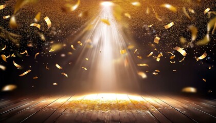Wall Mural - golden light rays. golden confetti rain on festive stage with light beam in the middle, empty room at night .