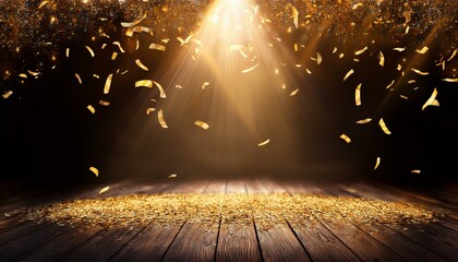 Wall Mural - golden light rays. golden confetti rain on festive stage with light beam in the middle, empty room at night .