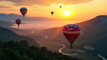 Fototapete - A group of hot air balloons are flying over a mountain range. The sun is setting in the background