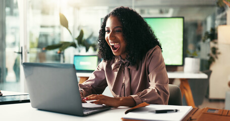 Aufkleber - Office, excited and woman with laptop, email or online review for design business success. Wow, yes and happy website consultant at desk with computer, good news and celebration at digital agency