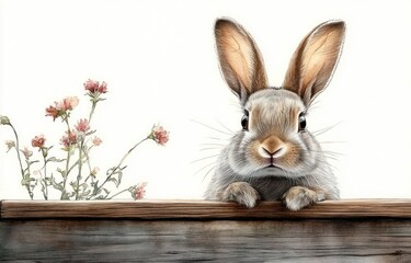 Rabbit Peeking Over Wooden Fence in Watercolor