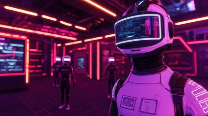 Futuristic Cybernetic Environment with Neon Lights and Robots
