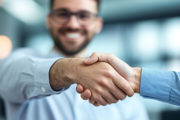 Portrait of a friendly young manager greeting a new team member with a handshake in a modern corporate environment with copy space. Soft natural lighting. 