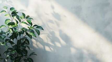 Wall Mural - 97.A sophisticated composition showcasing a medium-sized indoor plant with glossy leaves, set against a plain white wall with natural light casting soft shadows.