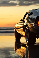 Wall Mural - A black car is parked on the beach. The car is on the sand and the water is in the background