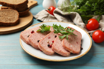 Wall Mural - Tasty canned meat, spices, bread and tomatoes on light blue wooden table, closeup