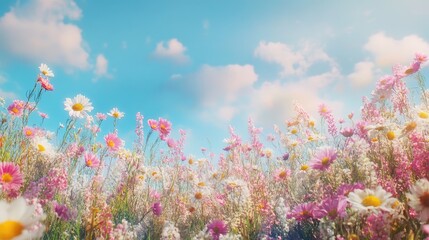 Wall Mural - a vibrant field of pink and white flowers under a sunny blue sky with gentle clouds
