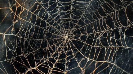 Close-up of a spider web with dew drops, showcasing intricate patterns against a dark backdrop.