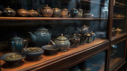 Teapots, tea leaves, shop display, Asian, retail