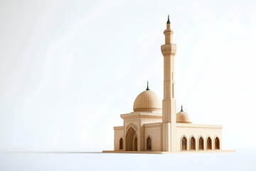 A simple mosque model with a single minaret, highlighted against a clean white background