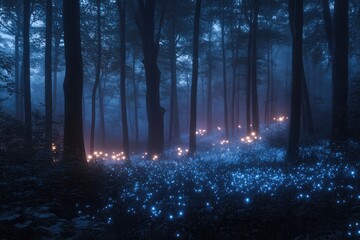 Wall Mural - A dark forest with glowing, bioluminescent plants, creating an ethereal, mystical atmosphere under the night sky.