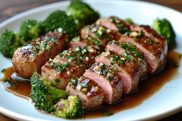 Wall Mural - Sliced pork tenderloin with garlic and herbs, broccoli and sauce