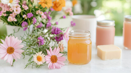 Wall Mural - Fresh honey in jar surrounded by colorful flowers and natural products creates vibrant and inviting scene. arrangement evokes sense of warmth and tranquility