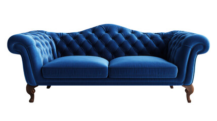 luxurious blue velvet chesterfield sofa on transparent background
