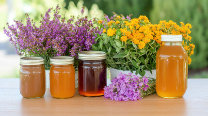 Wall Mural - Freshly harvested honey jars displayed alongside vibrant flowers create colorful and inviting scene. arrangement showcases beauty of nature and sweetness of honey