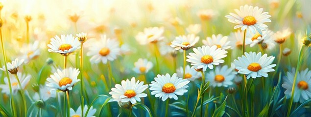 Canvas Print - Vibrant Daisies in Sunlight Flower Meadow Close-Up