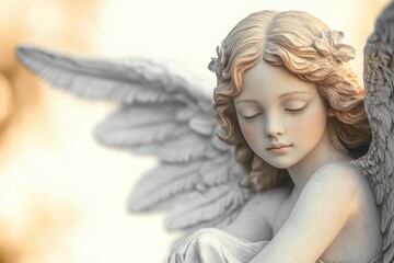 Serene Angel Sculpture in Baroque Style with Intricate Wings in Soft Light