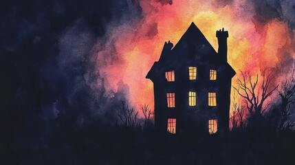 Wall Mural - A house with a chimney is shown in the dark. The house is surrounded by trees and the sky is orange