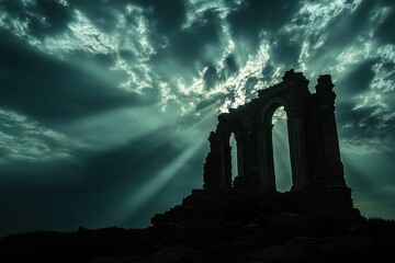 Wall Mural - Silhouette of ancient ruins standing silently under a cloudy sky, with hints of light breaking through the overcast