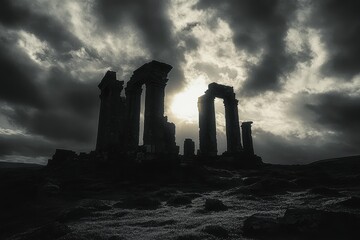 Wall Mural - Silhouette of ancient ruins standing silently under a cloudy sky, with hints of light breaking through the overcast