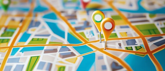 close-up of a city map with colorful location markers, highlighting urban planning, travel destinati