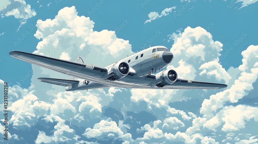 Vintage Passenger Airplane Flying Through Cloudy Blue Sky in Aerial ...