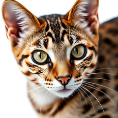 Close-up of an Ocicat with a Spotted Coat, Exotic and Beautiful, Isolated on White Background, Perfect Stock Photo for Cat Lovers, Spotted Cats, and Pet Photography Projects