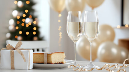 Canvas Print - Elegant New Year Eve celebration with champagne, cake, and gifts