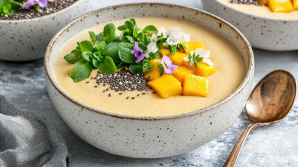 Poster - vibrant smoothie bowl topped with mango, chia seeds, and fresh herbs