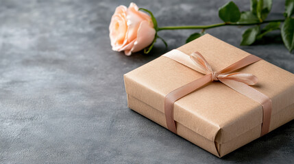 Wall Mural - charming still life of wrapped gift box with rose