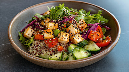 Poster - vibrant plant based quinoa salad with fresh vegetables and tofu