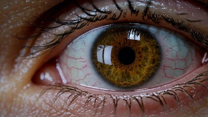 Poster - Close-up of a human eye with a reflection of blue and yellow digital code, creating a sense of technological integration.
