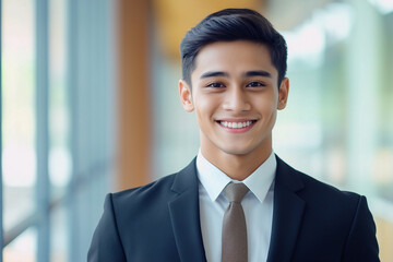 Wall Mural - young man in a suit and tie is smiling for the camera. He looks confident and professional