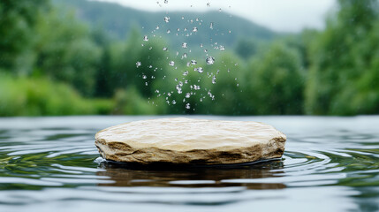 serene stone resting on water, with droplets creating ripples around it