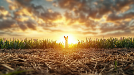 Sticker - serene sunrise over field of tulips with rabbit silhouette