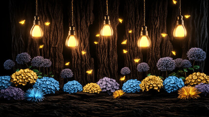 Wall Mural - Magical forest scene with glowing lights, colorful flowers, and butterflies creating enchanting atmosphere