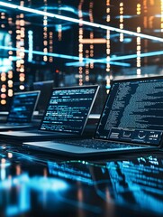 a modern workspace highlights machine learning applications with cutting-edge laptops and screens fe