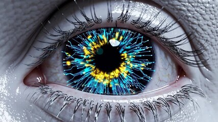 Poster - Hyper-realistic eye featuring a distinct pattern of blue and yellow code woven into the iris for a cybernetic look.
