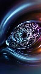 Poster - An abstract view of an eye with sparkling bits of code transitioning from bright blues to warm yellows, conveying a digital essence.
