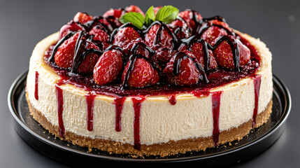 Wall Mural - Delicious cheesecake topped with fresh strawberries and berry sauce