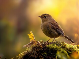 Wall Mural - a small brown bird perched on moss in a forest, lit by the warm glow of the sun