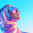 © Dadee - Stylish woman in sunglasses with colorful, reflective fabric.