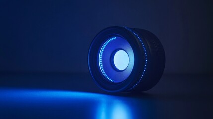 Wall Mural - a stunning close-up view of a camera lens illuminated with blue light. the lens reflects creativity 