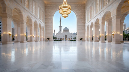 Sticker - serene mosque interior with elegant arches and grand chandelier