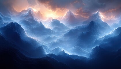 Abstract Digital Landscape in Blue Flowing Lines with Ethereal Lighting