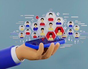 hand holding social network icon. referral program concept. hand holding phone. business partnership