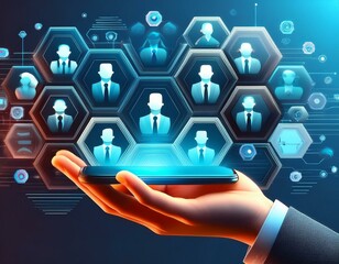 hand holding social network icon. referral program concept. hand holding phone. business partnership
