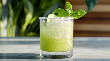 Wall Mural - Refreshing cucumber and basil mocktail in glass with salt rim